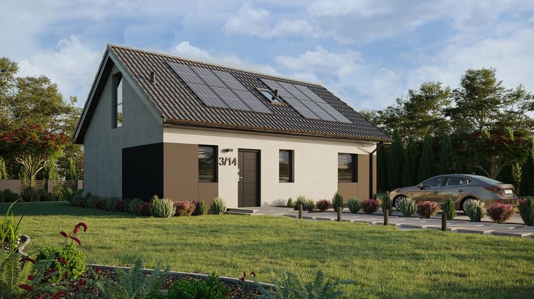 ERDOL 1 XL - Version Rechts (Wohnzimmer auf der rechten Seite) - Satteldach mit ausgebautem Dachboden -Dachneigung  35 Grad - Treppe im Wohnzimmer - Dachfenster für Zimmer und Badezimmer - Balkontür im Esszimmer und Bodentiefes Fenster im Dachgeschoss - Styropor, Netz, Kleber - Anthrazit - Photovoltaik-Installation 4,8 kWp (12 Paneele)