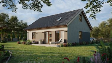 ERDOL 1 XL - Version Links (Wohnzimmer auf der linken Seite) - Satteldach mit ausgebautem Dachboden -Dachneigung  35 Grad - Treppe in Treppenhaus - Dachfenster für Zimmer und Badezimmer - Standard - Styropor, Netz, Kleber - Goldene Eiche - Ohne