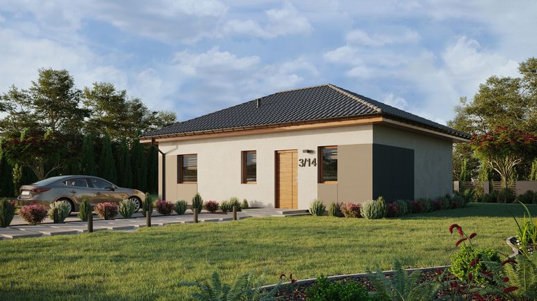 ERDOL 1 XL - Version Links (Wohnzimmer auf der linken Seite) - Walmdach ohne ausgebautem Dachboden - Dachneigung 25 Grad - keine Dachfenster - Standard - Styropor, Netz, Kleber - Goldene Eiche