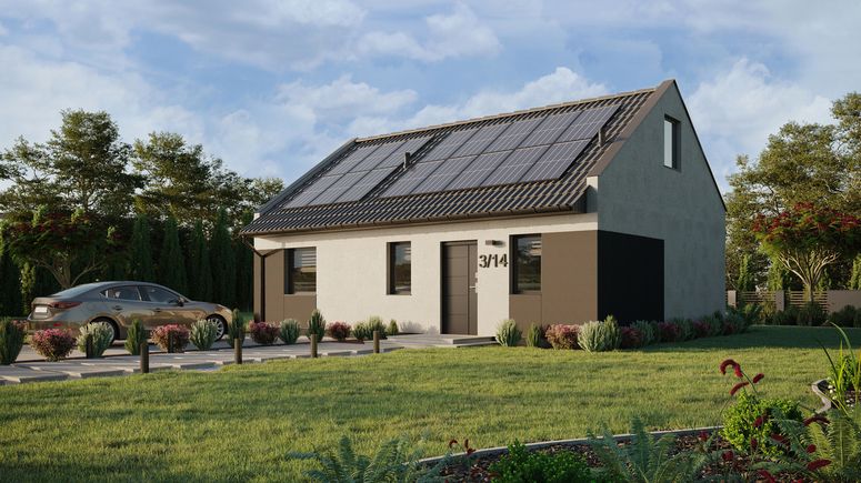 ERDOL 1 XL - Version Links (Wohnzimmer auf der linken Seite) - Modernes Satteldach mit ausgebautem Dachboden -Dachneigung  35 Grad - Treppe im Wohnzimmer - keine Dachfenster - Balkontür im Esszimmer - Styropor, Netz, Kleber - Anthrazit - Photovoltaik-Installation 6,4 kWp (16 Paneele)