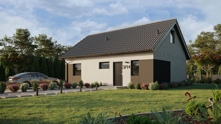 ERDOL 1 XL - Version Links (Wohnzimmer auf der linken Seite) - Satteldach mit ausgebautem Dachboden -Dachneigung  35 Grad - Treppe in Treppenhaus - Zwei-Zimmer-Dachfenster - Standard - Styropor, Netz, Kleber - Anthrazit - Ohne