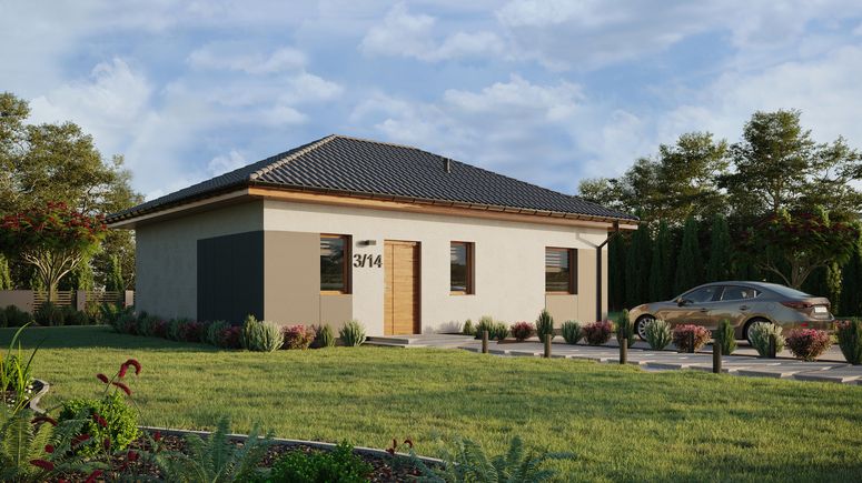 ERDOL 1 XL - Version Rechts (Wohnzimmer auf der rechten Seite) - Walmdach ohne ausgebautem Dachboden - Dachneigung 25 Grad - keine Dachfenster - Standard - Styropor, Netz, Kleber - Goldene Eiche