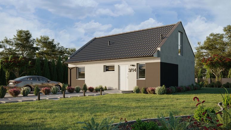 ERDOL 1 XL - Version Links (Wohnzimmer auf der linken Seite) - Modernes Satteldach mit ausgebautem Dachboden -Dachneigung  35 Grad - Treppe in Treppenhaus - Dachfenster für Zimmer und Badezimmer - Balkontür im Esszimmer und Bodentiefes Fenster im Dachgeschoss - Styropor, Netz, Kleber - Weiß - Ohne