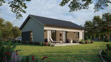 ERDOL 1 XL - Version Rechts (Wohnzimmer auf der rechten Seite) - Satteldach ohne ausgebautem Dachboden -Dachneigung  25 Grad - keine Dachfenster - Balkontür im Esszimmer - Styropor, Netz, Kleber - Anthrazit - Ohne