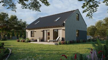 ERDOL 1 XL - Version Links (Wohnzimmer auf der linken Seite) - Modernes Satteldach mit ausgebautem Dachboden -Dachneigung  35 Grad - Treppe in Treppenhaus - Zwei-Zimmer-Dachfenster - Standard - Styropor, Netz, Kleber - Nusbaum - Ohne