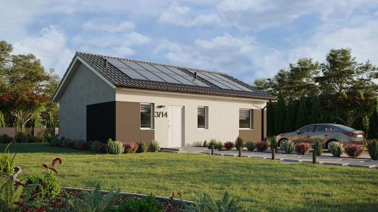 ERDOL 1 XL - Version Rechts (Wohnzimmer auf der rechten Seite) - Satteldach ohne ausgebautem Dachboden -Dachneigung  25 Grad - keine Dachfenster - Standard - Styropor, Netz, Kleber - Weiß - Photovoltaik-Installation 6,4 kWp (16 Paneele)