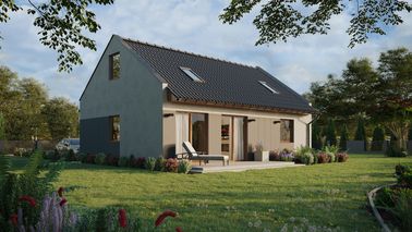 ERDOL 1 XL - Version Rechts (Wohnzimmer auf der rechten Seite) - Modernes Satteldach mit ausgebautem Dachboden -Dachneigung  35 Grad - Treppe in Treppenhaus - Zwei-Zimmer-Dachfenster - Standard - Styropor, Netz, Kleber - Goldene Eiche - Ohne