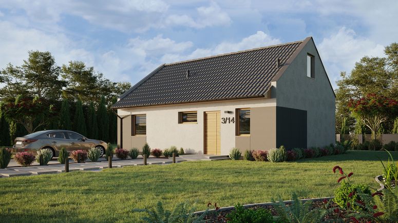 ERDOL 1 XL - Version Links (Wohnzimmer auf der linken Seite) - Modernes Satteldach mit ausgebautem Dachboden -Dachneigung  35 Grad - Treppe in Treppenhaus - keine Dachfenster - Standard - Styropor, Netz, Kleber - Winchester - Ohne