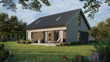 ERDOL 1 XL - Version Links (Wohnzimmer auf der linken Seite) - Satteldach mit ausgebautem Dachboden -Dachneigung  35 Grad - Treppe in Treppenhaus - Zwei-Zimmer-Dachfenster - Balkontür im Esszimmer und Bodentiefes Fenster im Dachgeschoss - Styropor, Netz, Kleber - Anthrazit - Ohne