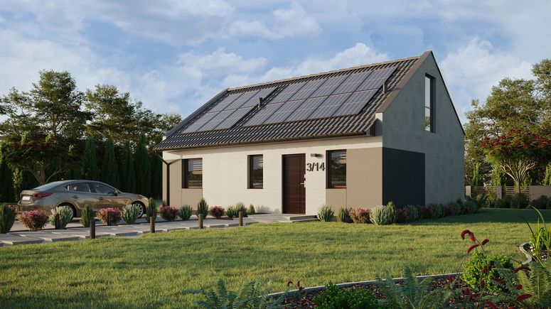 ERDOL 1 XL - Version Links (Wohnzimmer auf der linken Seite) - Modernes Satteldach mit ausgebautem Dachboden -Dachneigung  35 Grad - Treppe im Wohnzimmer - keine Dachfenster - Balkontür im Esszimmer und Bodentiefes Fenster im Dachgeschoss - Styropor, Netz, Kleber - Nusbaum - Photovoltaik-Installation 6,4 kWp (16 Paneele)