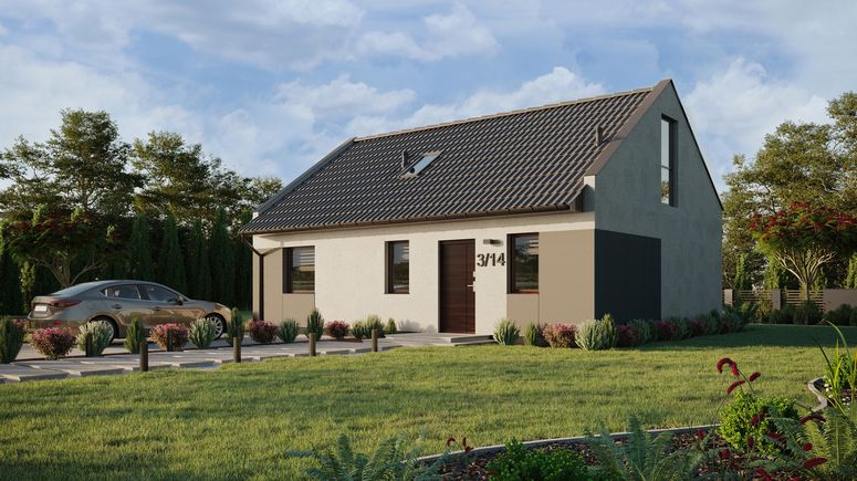 ERDOL 1 XL - Version Links (Wohnzimmer auf der linken Seite) - Modernes Satteldach mit ausgebautem Dachboden -Dachneigung  35 Grad - Treppe im Wohnzimmer - Dachfenster für Zimmer und Badezimmer - Balkontür im Esszimmer und Bodentiefes Fenster im Dachgeschoss - Styropor, Netz, Kleber - Nusbaum - Ohne