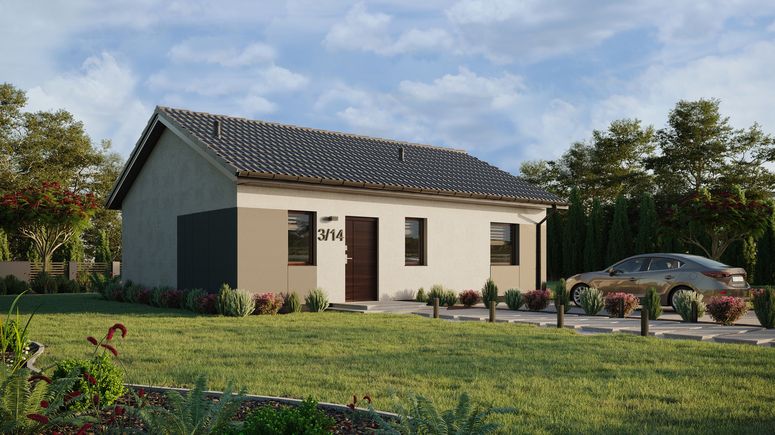 ERDOL 1 XL - Version Rechts (Wohnzimmer auf der rechten Seite) - Satteldach ohne ausgebautem Dachboden -Dachneigung  25 Grad - keine Dachfenster - Standard - Styropor, Netz, Kleber - Nusbaum - Ohne