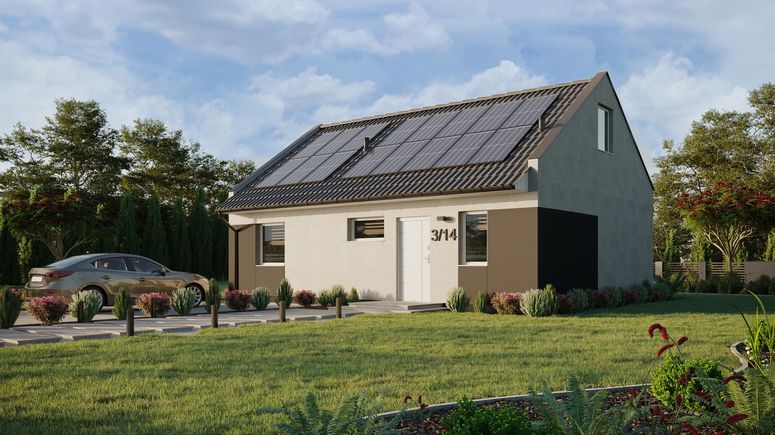 ERDOL 1 XL - Version Links (Wohnzimmer auf der linken Seite) - Modernes Satteldach mit ausgebautem Dachboden -Dachneigung  35 Grad - Treppe in Treppenhaus - keine Dachfenster - Balkontür im Esszimmer - Styropor, Netz, Kleber - Weiß - Photovoltaik-Installation 6,4 kWp (16 Paneele)