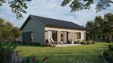 ERDOL 1 XL - Version Rechts (Wohnzimmer auf der rechten Seite) - Satteldach ohne ausgebautem Dachboden -Dachneigung  25 Grad - keine Dachfenster - Balkontür im Esszimmer - Styropor, Netz, Kleber - Nusbaum - Ohne