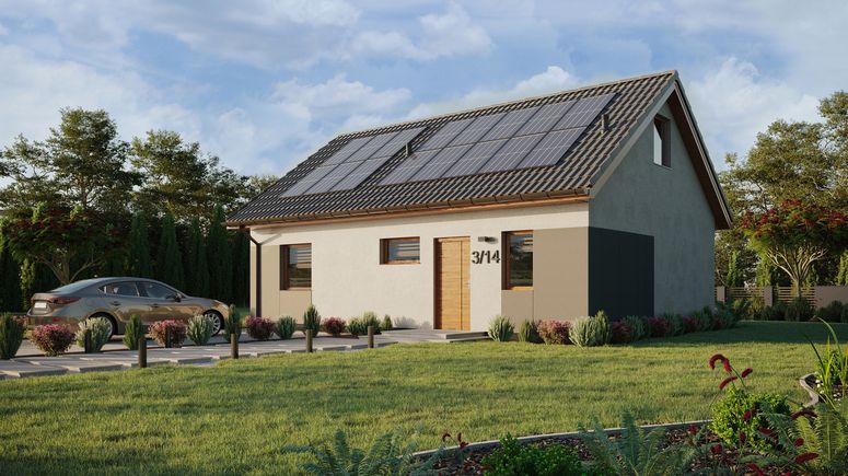 ERDOL 1 XL - Version Links (Wohnzimmer auf der linken Seite) - Satteldach mit ausgebautem Dachboden -Dachneigung  35 Grad - Treppe in Treppenhaus - Dachfenster für Zimmer und Badezimmer - Standard - Styropor, Netz, Kleber - Goldene Eiche - Photovoltaik-Installation 6,4 kWp (16 Paneele)