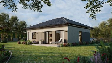 ERDOL 1 XL - Version Links (Wohnzimmer auf der linken Seite) - Walmdach ohne ausgebautem Dachboden - Dachneigung 25 Grad - keine Dachfenster - Balkontür im Esszimmer - Styropor, Netz, Kleber - Nusbaum