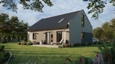 ERDOL 1 XL - Version Links (Wohnzimmer auf der linken Seite) - Modernes Satteldach mit ausgebautem Dachboden -Dachneigung  35 Grad - Treppe in Treppenhaus - Dachfenster für Zimmer und Badezimmer - Bodentiefes Fenster im Dachgeschoss - Styropor, Netz, Kleber - Nusbaum - Ohne