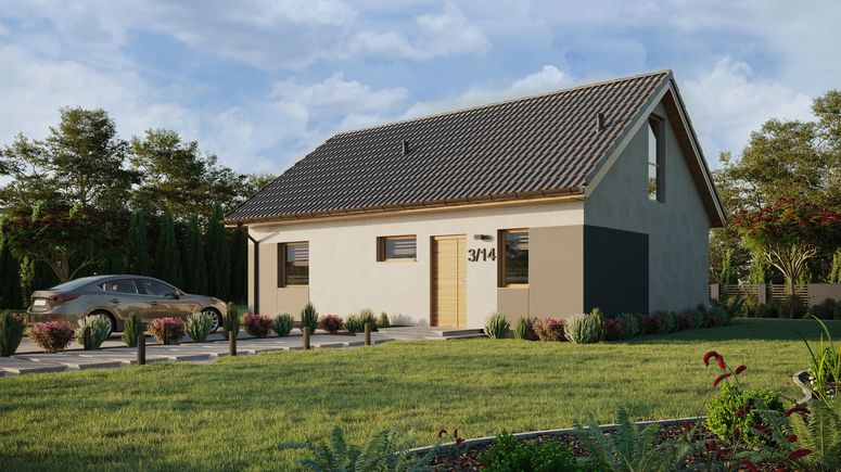 ERDOL 1 XL - Version Links (Wohnzimmer auf der linken Seite) - Satteldach mit ausgebautem Dachboden -Dachneigung  35 Grad - Treppe in Treppenhaus - keine Dachfenster - Bodentiefes Fenster im Dachgeschoss - Styropor, Netz, Kleber - Winchester - Ohne