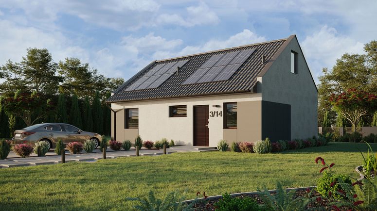 ERDOL 1 XL - Version Links (Wohnzimmer auf der linken Seite) - Modernes Satteldach mit ausgebautem Dachboden -Dachneigung  35 Grad - Treppe in Treppenhaus - Dachfenster für Zimmer und Badezimmer - Standard - Styropor, Netz, Kleber - Nusbaum - Photovoltaik-Installation 4,8 kWp (12 Paneele)