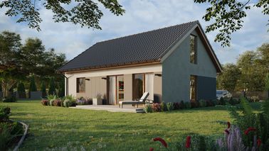 ERDOL 1 XL - Version Links (Wohnzimmer auf der linken Seite) - Satteldach mit ausgebautem Dachboden -Dachneigung  35 Grad - Treppe in Treppenhaus - keine Dachfenster - Balkontür im Esszimmer und Bodentiefes Fenster im Dachgeschoss - Styropor, Netz, Kleber - Goldene Eiche - Ohne