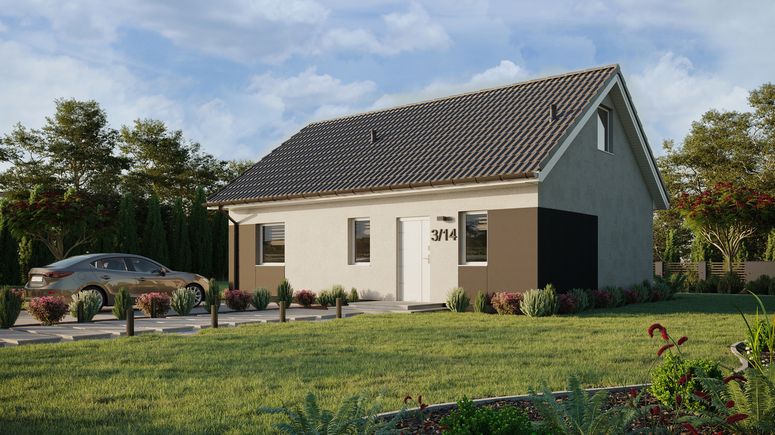 ERDOL 1 XL - Version Links (Wohnzimmer auf der linken Seite) - Satteldach mit ausgebautem Dachboden -Dachneigung  35 Grad - Treppe im Wohnzimmer - keine Dachfenster - Standard - Styropor, Netz, Kleber - Weiß - Ohne