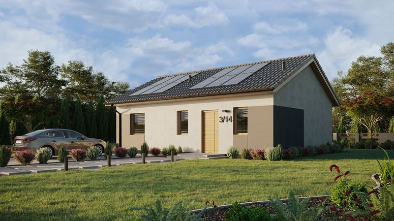 ERDOL 1 XL - Version Links (Wohnzimmer auf der linken Seite) - Satteldach ohne ausgebautem Dachboden -Dachneigung  25 Grad - keine Dachfenster - Standard - Styropor, Netz, Kleber - Winchester - Photovoltaik-Installation 4,8 kWp (12 Paneele)