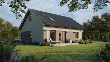 ERDOL 1 XL - Version Rechts (Wohnzimmer auf der rechten Seite) - Satteldach mit ausgebautem Dachboden -Dachneigung  35 Grad - Treppe in Treppenhaus - Dachfenster für Zimmer und Badezimmer - Standard - Styropor, Netz, Kleber - Nusbaum - Ohne