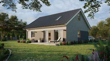 ERDOL 1 XL - Version Links (Wohnzimmer auf der linken Seite) - Satteldach mit ausgebautem Dachboden -Dachneigung  35 Grad - Treppe in Treppenhaus - Dachfenster für Zimmer und Badezimmer - Standard - Styropor, Netz, Kleber - Weiß - Ohne