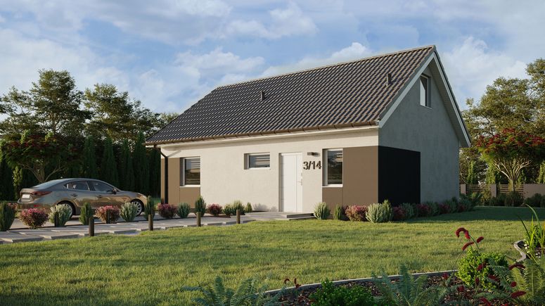 ERDOL 1 XL - Version Links (Wohnzimmer auf der linken Seite) - Satteldach mit ausgebautem Dachboden -Dachneigung  35 Grad - Treppe in Treppenhaus - keine Dachfenster - Standard - Styropor, Netz, Kleber - Weiß - Ohne