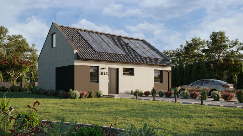 ERDOL 1 XL - Version Rechts (Wohnzimmer auf der rechten Seite) - Modernes Satteldach mit ausgebautem Dachboden -Dachneigung  35 Grad - Treppe in Treppenhaus - keine Dachfenster - Balkontür im Esszimmer - Styropor, Netz, Kleber - Anthrazit - Photovoltaik-Installation 4,8 kWp (12 Paneele)