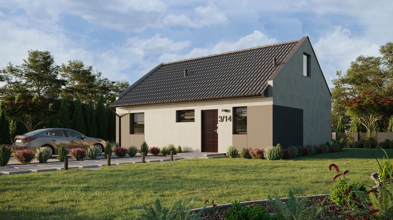 ERDOL 1 XL - Version Links (Wohnzimmer auf der linken Seite) - Modernes Satteldach mit ausgebautem Dachboden -Dachneigung  35 Grad - Treppe in Treppenhaus - keine Dachfenster - Standard - Styropor, Netz, Kleber - Nusbaum - Ohne