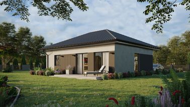 ERDOL 1 XL - Version Links (Wohnzimmer auf der linken Seite) - Walmdach ohne ausgebautem Dachboden - Dachneigung 25 Grad - keine Dachfenster - Balkontür im Esszimmer - Styropor, Netz, Kleber - Anthrazit