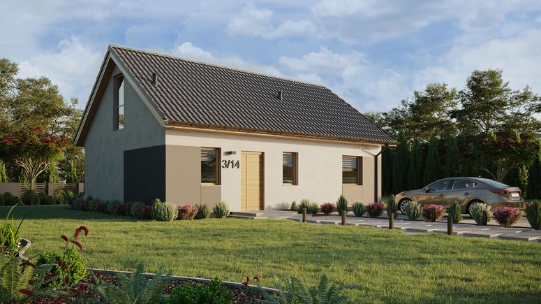 ERDOL 1 XL - Version Rechts (Wohnzimmer auf der rechten Seite) - Satteldach mit ausgebautem Dachboden -Dachneigung  35 Grad - Treppe im Wohnzimmer - keine Dachfenster - Balkontür im Esszimmer und Bodentiefes Fenster im Dachgeschoss - Styropor, Netz, Kleber - Winchester - Ohne