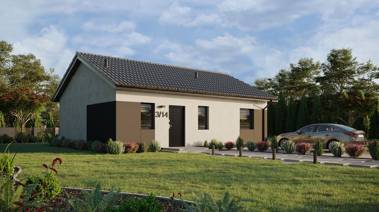 ERDOL 1 XL - Version Rechts (Wohnzimmer auf der rechten Seite) - Satteldach ohne ausgebautem Dachboden -Dachneigung  25 Grad - keine Dachfenster - Standard - Styropor, Netz, Kleber - Anthrazit - Ohne