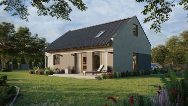 ERDOL 1 XL - Version Links (Wohnzimmer auf der linken Seite) - Modernes Satteldach mit ausgebautem Dachboden -Dachneigung  35 Grad - Treppe in Treppenhaus - Dachfenster für Zimmer und Badezimmer - Balkontür im Esszimmer - Styropor, Netz, Kleber - Winchester - Ohne