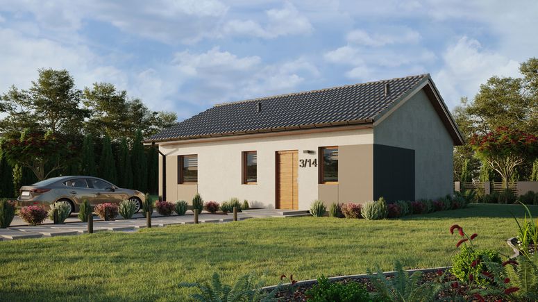 ERDOL 1 XL - Version Links (Wohnzimmer auf der linken Seite) - Satteldach ohne ausgebautem Dachboden -Dachneigung  25 Grad - keine Dachfenster - Standard - Styropor, Netz, Kleber - Goldene Eiche - Ohne