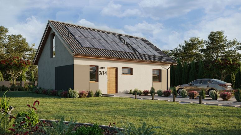 ERDOL 1 XL - Version Rechts (Wohnzimmer auf der rechten Seite) - Satteldach mit ausgebautem Dachboden -Dachneigung  35 Grad - Treppe in Treppenhaus - Dachfenster für Zimmer und Badezimmer - Balkontür im Esszimmer und Bodentiefes Fenster im Dachgeschoss - Styropor, Netz, Kleber - Goldene Eiche - Photovoltaik-Installation 6,4 kWp (16 Paneele)