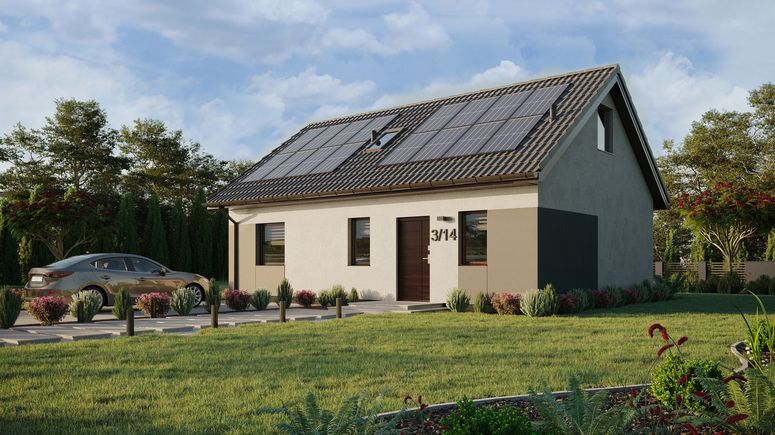 ERDOL 1 XL - Version Links (Wohnzimmer auf der linken Seite) - Satteldach mit ausgebautem Dachboden -Dachneigung  35 Grad - Treppe im Wohnzimmer - Dachfenster für Zimmer und Badezimmer - Standard - Styropor, Netz, Kleber - Nusbaum - Photovoltaik-Installation 6,4 kWp (16 Paneele)