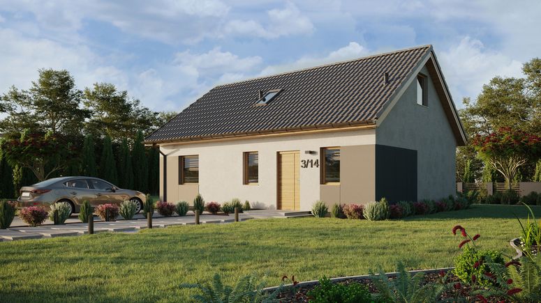 ERDOL 1 XL - Version Links (Wohnzimmer auf der linken Seite) - Satteldach mit ausgebautem Dachboden -Dachneigung  35 Grad - Treppe im Wohnzimmer - Dachfenster für Zimmer und Badezimmer - Standard - Styropor, Netz, Kleber - Winchester - Ohne