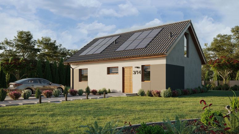 ERDOL 1 XL - Version Links (Wohnzimmer auf der linken Seite) - Satteldach mit ausgebautem Dachboden -Dachneigung  35 Grad - Treppe in Treppenhaus - keine Dachfenster - Balkontür im Esszimmer und Bodentiefes Fenster im Dachgeschoss - Styropor, Netz, Kleber - Goldene Eiche - Photovoltaik-Installation 4,8 kWp (12 Paneele)