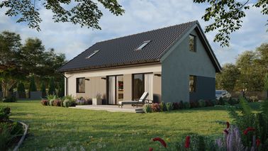 ERDOL 1 XL - Version Links (Wohnzimmer auf der linken Seite) - Satteldach mit ausgebautem Dachboden -Dachneigung  35 Grad - Treppe in Treppenhaus - Zwei-Zimmer-Dachfenster - Standard - Styropor, Netz, Kleber - Nusbaum - Ohne