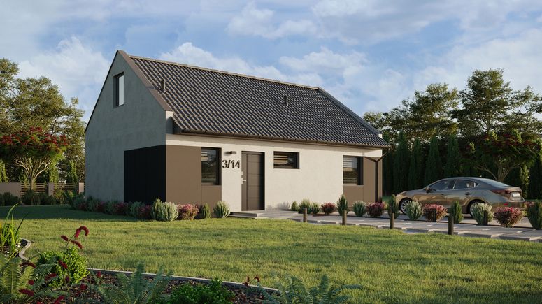 ERDOL 1 XL - Version Rechts (Wohnzimmer auf der rechten Seite) - Modernes Satteldach mit ausgebautem Dachboden -Dachneigung  35 Grad - Treppe in Treppenhaus - keine Dachfenster - Standard - Styropor, Netz, Kleber - Anthrazit - Ohne