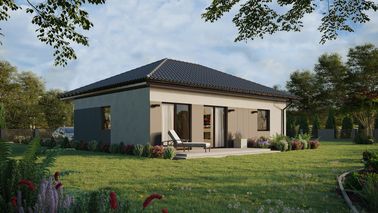 ERDOL 1 XL - Version Rechts (Wohnzimmer auf der rechten Seite) - Walmdach ohne ausgebautem Dachboden - Dachneigung 25 Grad - keine Dachfenster - Standard - Styropor, Netz, Kleber - Nusbaum