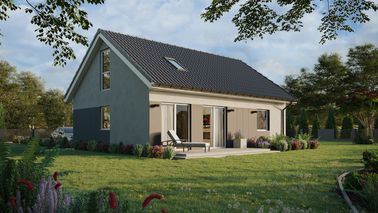 ERDOL 1 XL - Version Rechts (Wohnzimmer auf der rechten Seite) - Satteldach mit ausgebautem Dachboden -Dachneigung  35 Grad - Treppe in Treppenhaus - Dachfenster für Zimmer und Badezimmer - Bodentiefes Fenster im Dachgeschoss - Styropor, Netz, Kleber - Weiß - Ohne