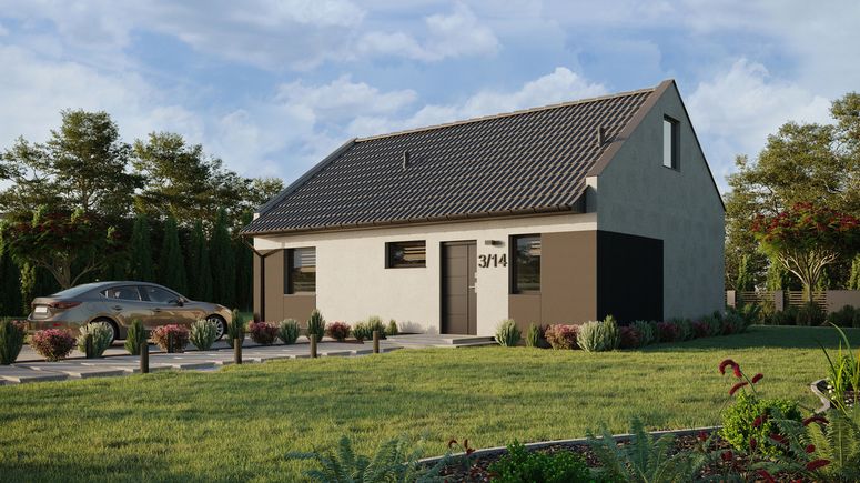 ERDOL 1 XL - Version Links (Wohnzimmer auf der linken Seite) - Modernes Satteldach mit ausgebautem Dachboden -Dachneigung  35 Grad - Treppe in Treppenhaus - keine Dachfenster - Standard - Styropor, Netz, Kleber - Anthrazit - Ohne