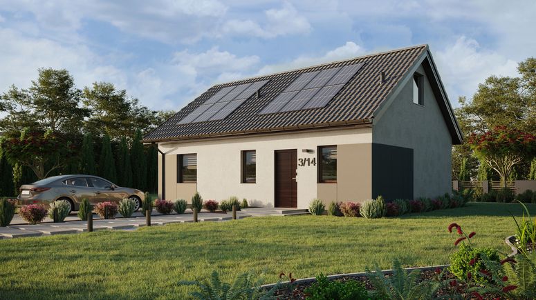 ERDOL 1 XL - Version Links (Wohnzimmer auf der linken Seite) - Satteldach mit ausgebautem Dachboden -Dachneigung  35 Grad - Treppe im Wohnzimmer - Zwei-Zimmer-Dachfenster - Standard - Styropor, Netz, Kleber - Nusbaum - Photovoltaik-Installation 4,8 kWp (12 Paneele)