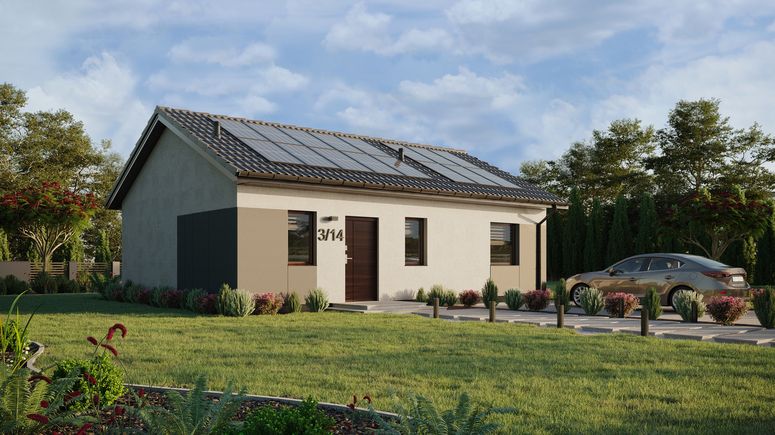 ERDOL 1 XL - Version Rechts (Wohnzimmer auf der rechten Seite) - Satteldach ohne ausgebautem Dachboden -Dachneigung  25 Grad - keine Dachfenster - Standard - Styropor, Netz, Kleber - Nusbaum - Photovoltaik-Installation 6,4 kWp (16 Paneele)