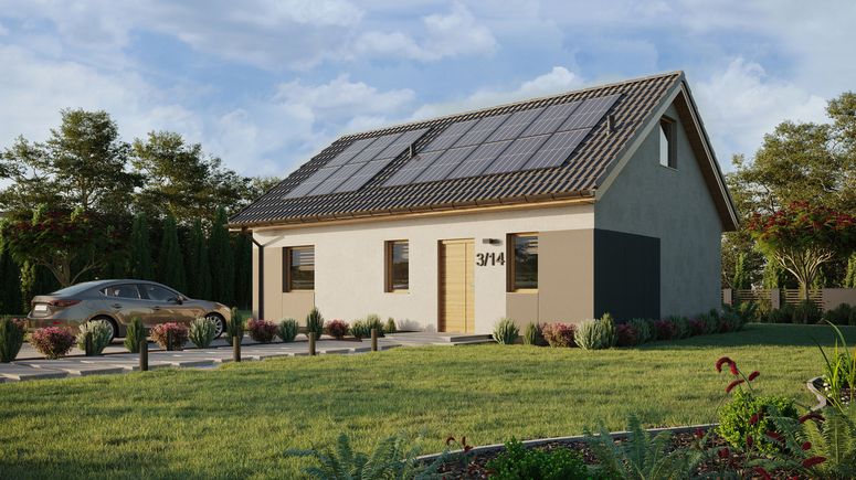 ERDOL 1 XL - Version Links (Wohnzimmer auf der linken Seite) - Satteldach mit ausgebautem Dachboden -Dachneigung  35 Grad - Treppe im Wohnzimmer - keine Dachfenster - Standard - Styropor, Netz, Kleber - Winchester - Photovoltaik-Installation 6,4 kWp (16 Paneele)