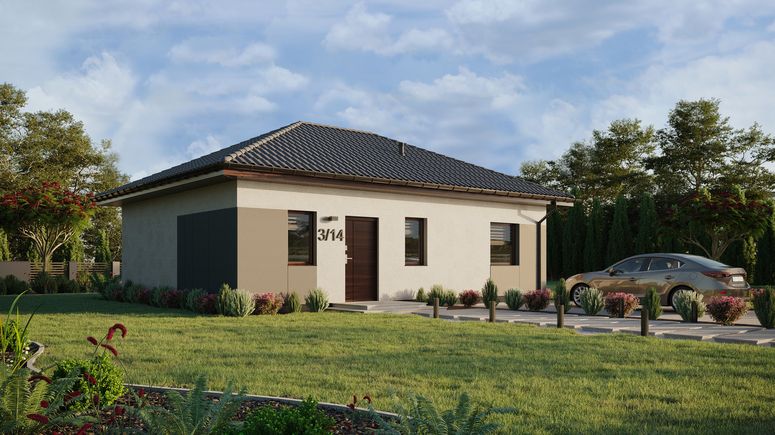 ERDOL 1 XL - Version Rechts (Wohnzimmer auf der rechten Seite) - Walmdach ohne ausgebautem Dachboden - Dachneigung 25 Grad - keine Dachfenster - Standard - Styropor, Netz, Kleber - Nusbaum