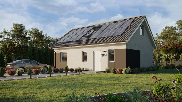 ERDOL 1 XL - Version Links (Wohnzimmer auf der linken Seite) - Satteldach mit ausgebautem Dachboden -Dachneigung  35 Grad - Treppe im Wohnzimmer - Dachfenster für Zimmer und Badezimmer - Standard - Styropor, Netz, Kleber - Weiß - Photovoltaik-Installation 6,4 kWp (16 Paneele)